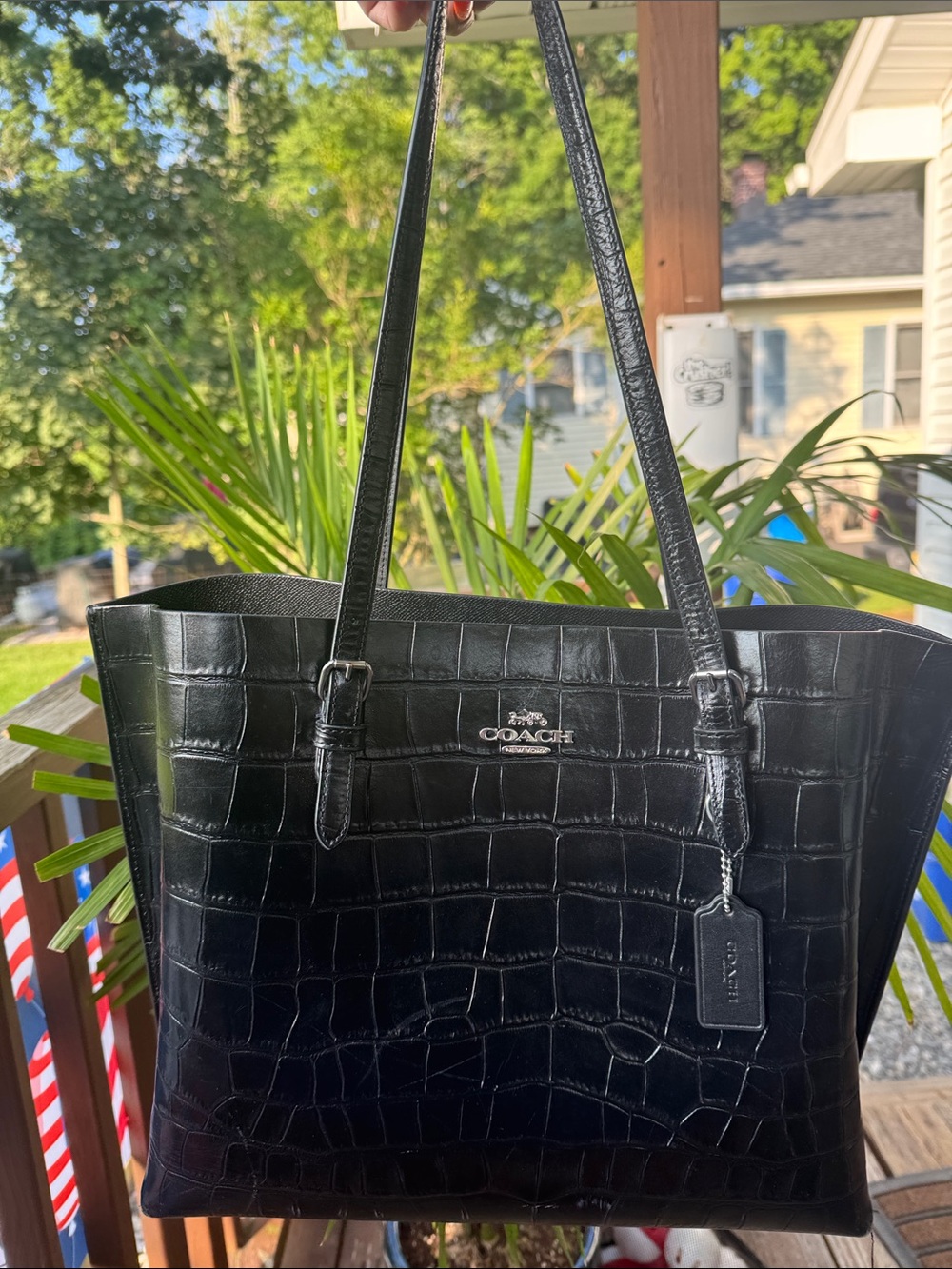 Coach Black Croc-Embossed Leather Tote with Logo Charm